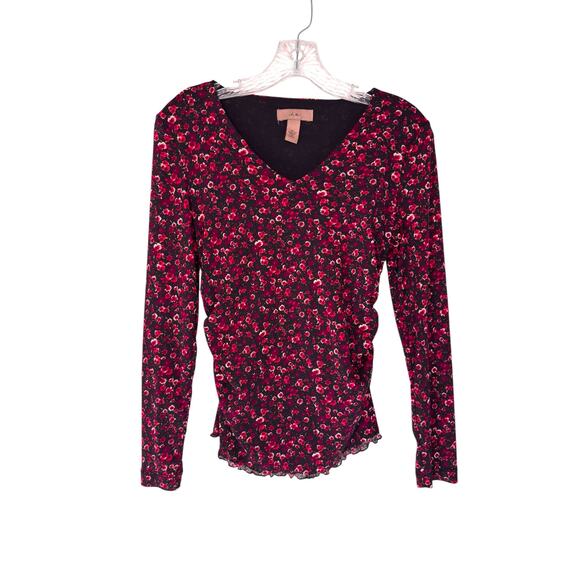 I.E. Babydoll Blouse Long Sleeve Mesh V-Neck Red Floral Print Ruched Y2K Small - Picture 1 of 12